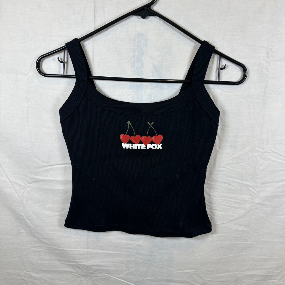 White Fox Cherry Logo Ribbed Crop Tank Top Black Size Small - Picture 2 of 7